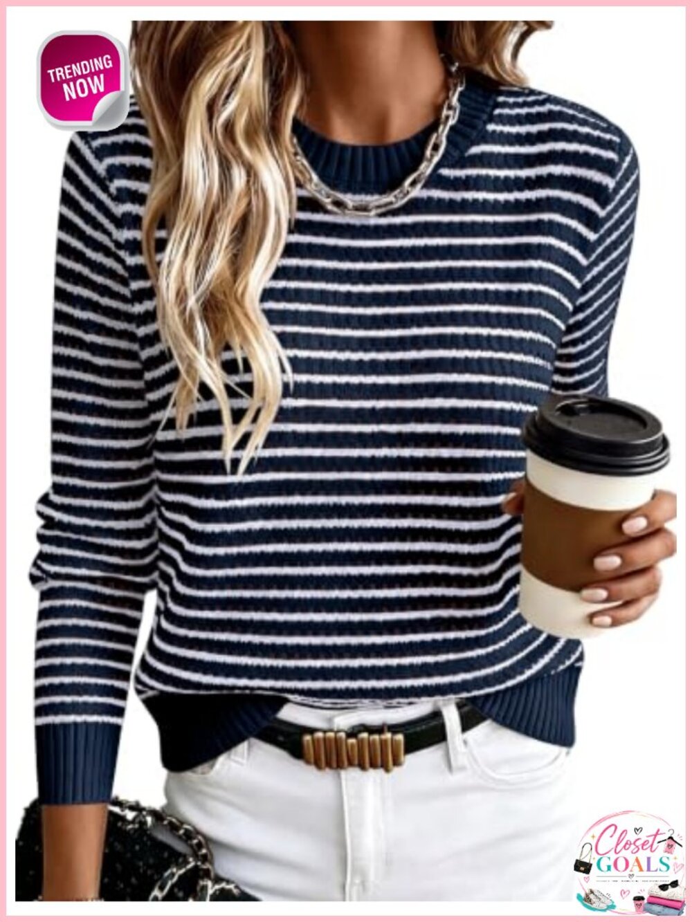 Crochet Striped Long Sleeve Crew Neck Pullover Sweater